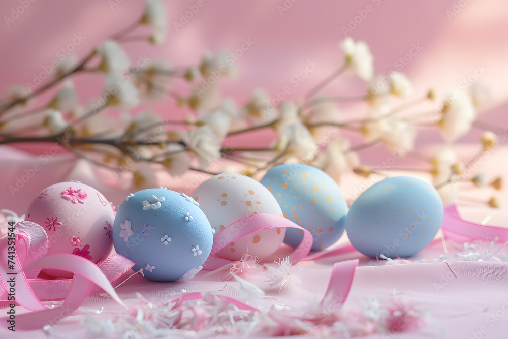 Fun easter composition with eggs and flowers on pastel background, ribbons, floral patterns