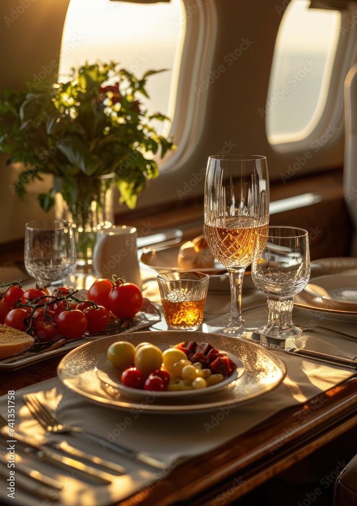 Elegant dining table set with fine china and glassware in the cabin of a private jet, with sunlight streaming through the window.