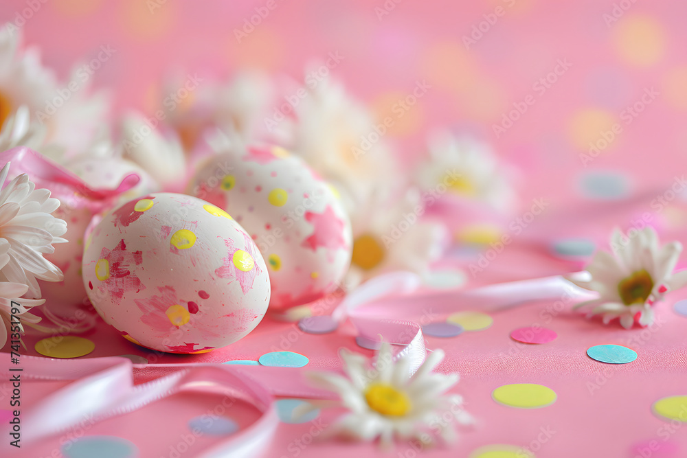 Fun easter composition with eggs and flowers on pastel background, ribbons, floral patterns Fun easter composition with eggs and flowers on pastel background, ribbons, floral patterns