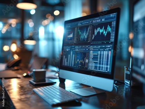 A professional trading workstation with multiple computer screens displaying live trading charts and financial data in a modern office setting. photo
