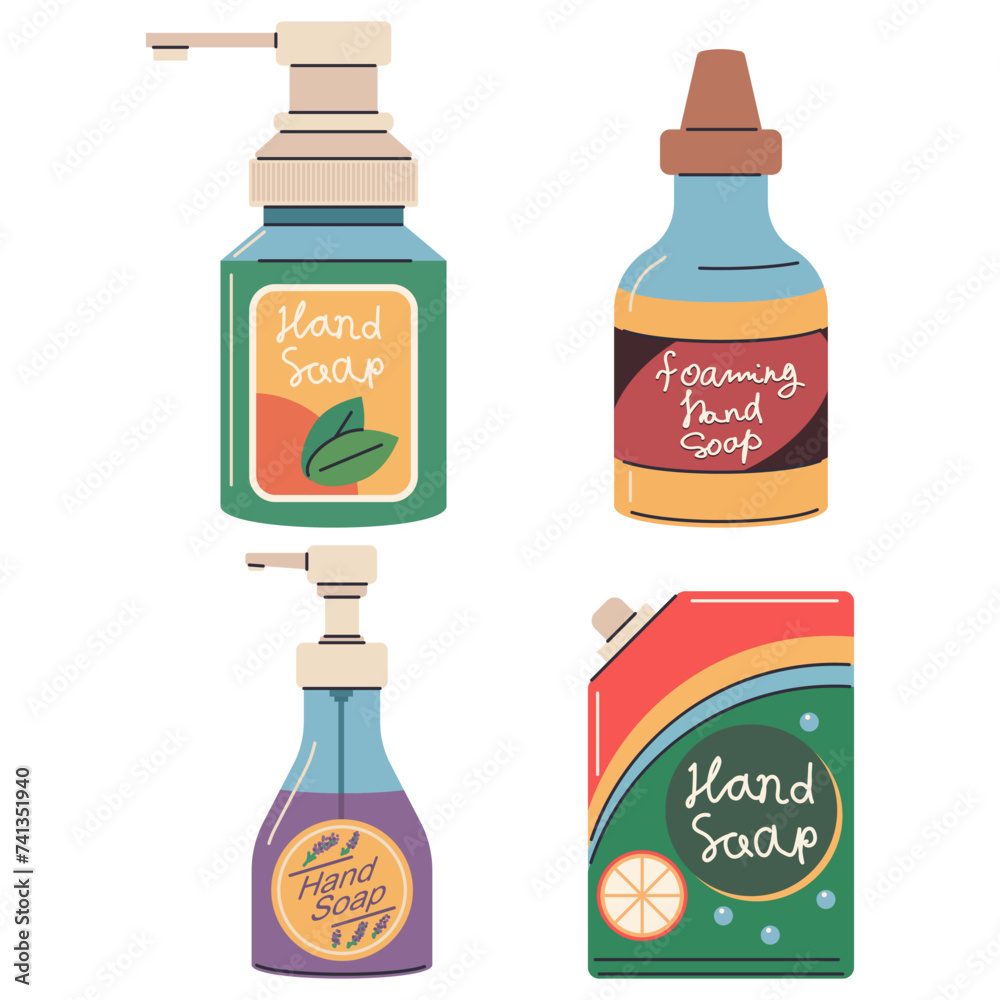 Foaming hand soap bath and body vector cartoon set isolated on a white background. Foaming hand soap bath and body vector cartoon set isolated on a white background.