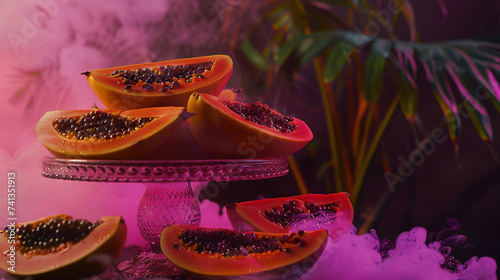 Still life composition with papaya on pink.