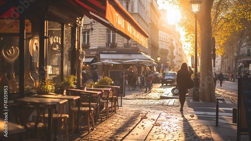 Fototapeta Naklejka Na Ścianę i Meble -  A Parisian street scene featuring a classic French bistro and a lady strolling.