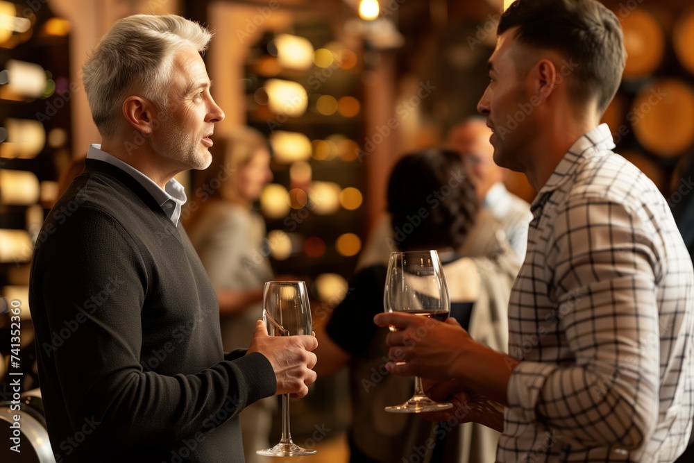 wine expert discussing with guest at tasting event