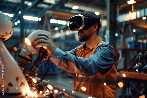 A male engineer wearing virtual reality glasses to simulate the automation of control of robotic welding machines in a modern factory laboratory.