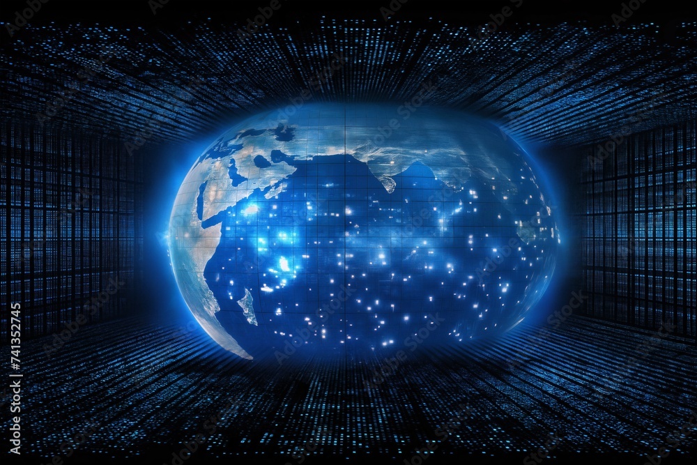 Naklejka premium surface of earth planet with futuristic computer technology and mega city, digital connections with hologram and glow against background of space, concept of globalization and urbanization