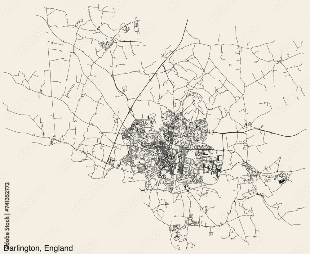 Detailed hand-drawn navigational urban street roads map of the United Kingdom city township of DARLINGTON, ENGLAND with vivid road lines and name tag on solid background