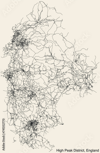 Detailed hand-drawn navigational urban street roads map of the United Kingdom city township of HIGH PEAK DISTRICT, ENGLAND with vivid road lines and name tag on solid background