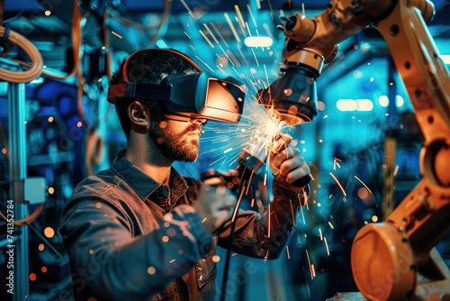 A male engineer wearing virtual reality glasses to simulate the automation of control of robotic welding machines in a modern factory laboratory.