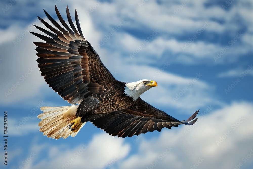Majestic bald eagle in flight against a backdrop of scattered clouds and blue sky, Generative AI Majestic bald eagle in flight against a backdrop of scattered clouds and blue sky, Generative AI