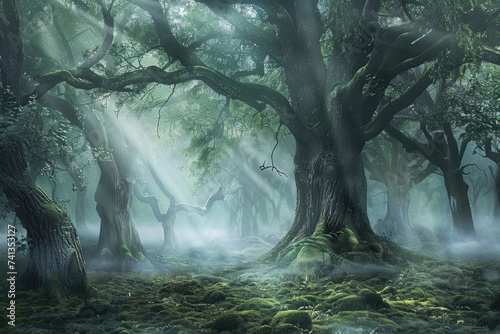 A mystical woodland with fog and sunbeams