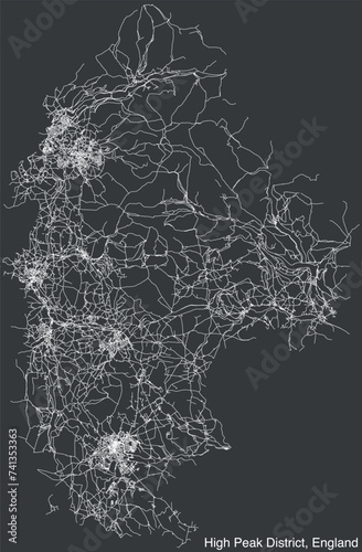Detailed hand-drawn navigational urban street roads map of the United Kingdom city township of HIGH PEAK DISTRICT, ENGLAND with vivid road lines and name tag on solid background