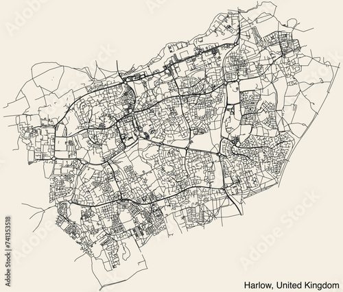 Detailed hand-drawn navigational urban street roads map of the United Kingdom city township of HARLOW, ENGLAND with vivid road lines and name tag on solid background