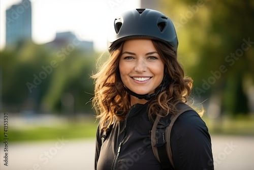 Portrait of a beautiful young woman wearing a helmet and riding a bike © Nerea