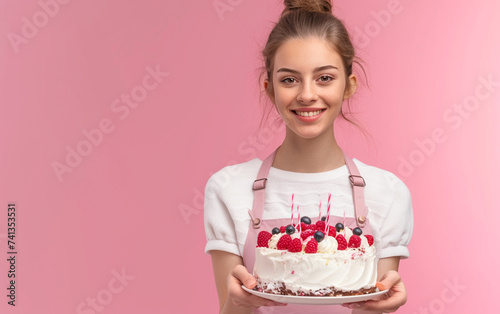 girl with cake showing dessert on solid color background. Bakery or happy birthday concept. Space for text