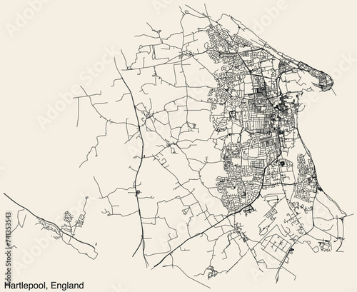 Detailed hand-drawn navigational urban street roads map of the United Kingdom city township of HARTLEPOOL, ENGLAND with vivid road lines and name tag on solid background