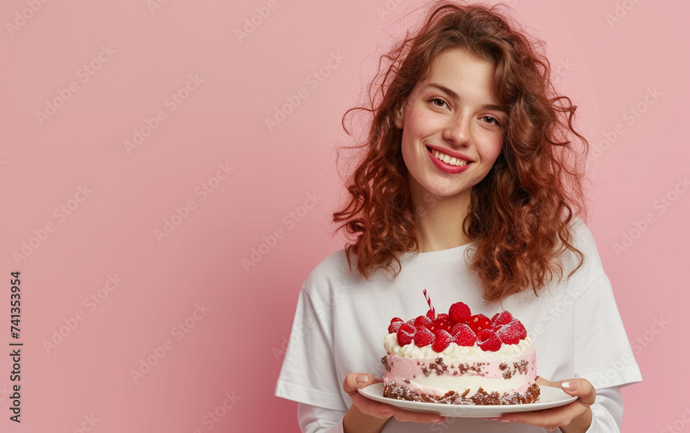 girl with cake showing dessert on solid color background. Bakery or happy birthday concept. Space for text girl with cake showing dessert on solid color background. Bakery or happy birthday concept. Space for text