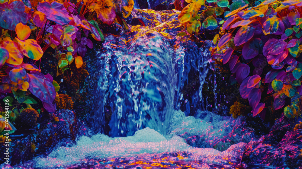 A playful cascade of water droplets descends from a waterfall, catching the vibrant hues of the surrounding foliage, creating a visual symphony of motion and color