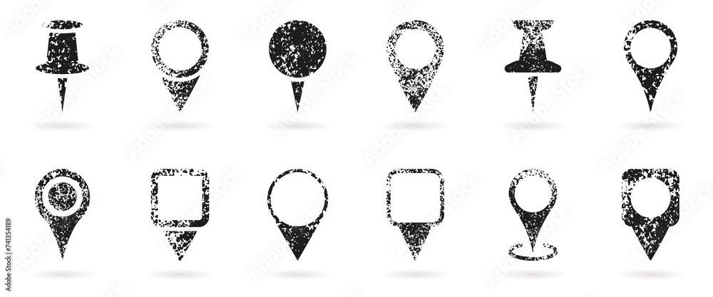 Location Pin Grunge Icon Set. Map Pointer Collection. GPS Navigation Grimy Sign. Dirty Black Map Marker. Destination Tag, Position Mark On White Background. Isolated Vector Illustration Location Pin Grunge Icon Set. Map Pointer Collection. GPS Navigation Grimy Sign. Dirty Black Map Marker. Destination Tag, Position Mark On White Background. Isolated Vector Illustration