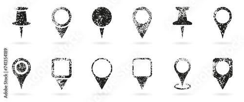 Location Pin Grunge Icon Set. Map Pointer Collection. GPS Navigation Grimy Sign. Dirty Black Map Marker. Destination Tag, Position Mark On White Background. Isolated Vector Illustration