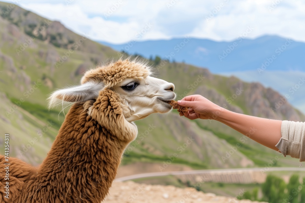 Fototapeta premium hand feeding an alpaca with a mountain backdrop