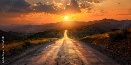 vanishing point on empty road sunset beauty,Last sunset rays illuminating empty road beyond horizont. photo