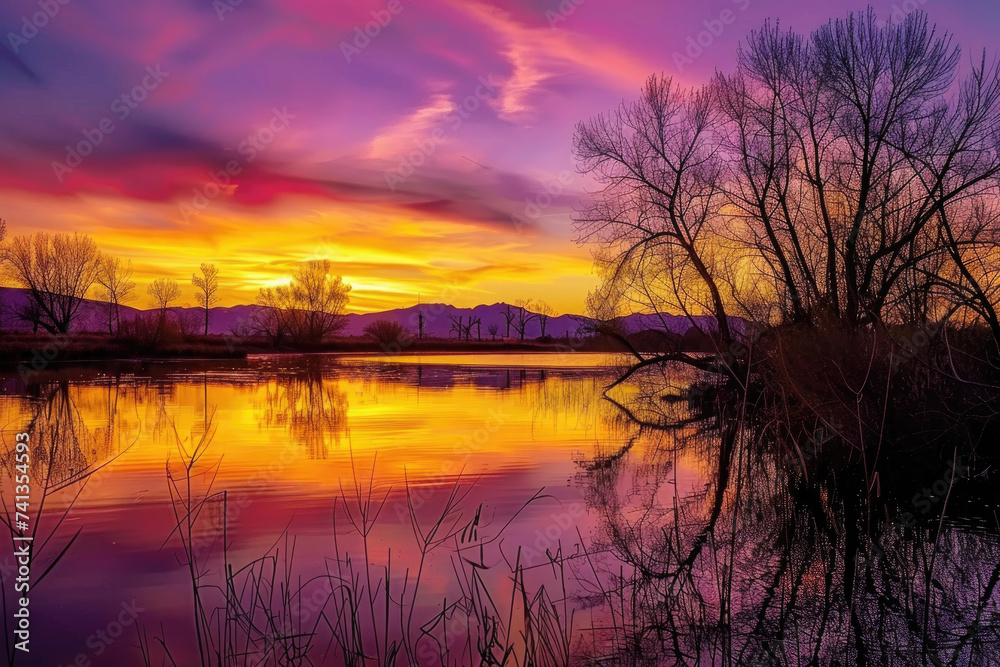 A mesmerizing sunset over a tranquil lake