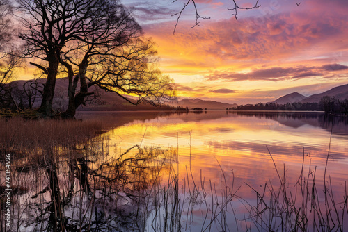 A mesmerizing sunset over a tranquil lake