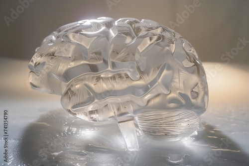 brainshaped ice sculpture glistening in soft lighting photo