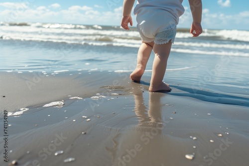 toddler taking careful steps on a beach toward the sea © studioworkstock