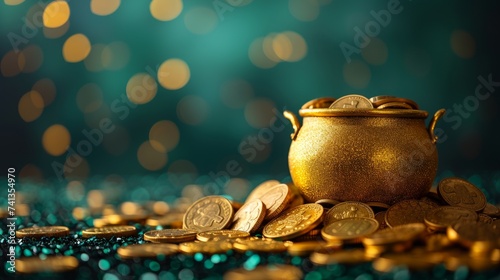 Pot with gold on green background