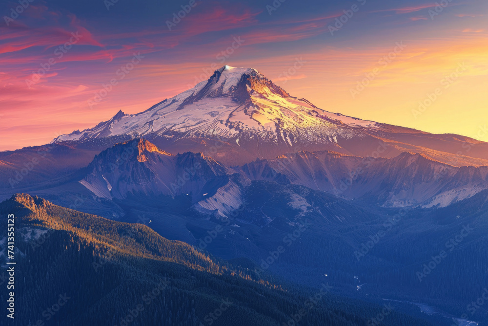 A majestic mountain peak bathed in golden light