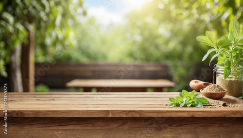 Empty wooden table for product display with Stevia garden background