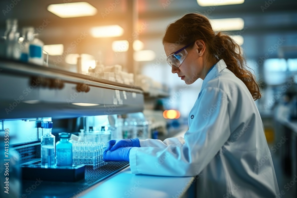 A female scientist in a lab coat conducting research in a modern laboratory environment, Generative AI A female scientist in a lab coat conducting research in a modern laboratory environment, Generative AI