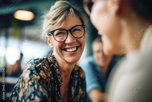 Candid shot of a smiling middle-aged woman with glasses in a casual business meeting, with a focus on her expressive joy, Generative AI