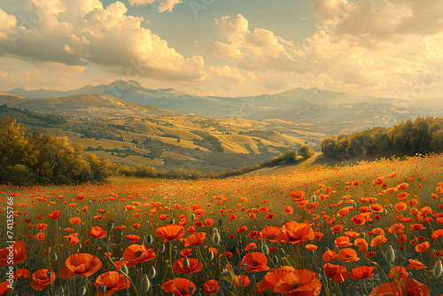 scenic landscape with poppy flowers, in the style of golden palette