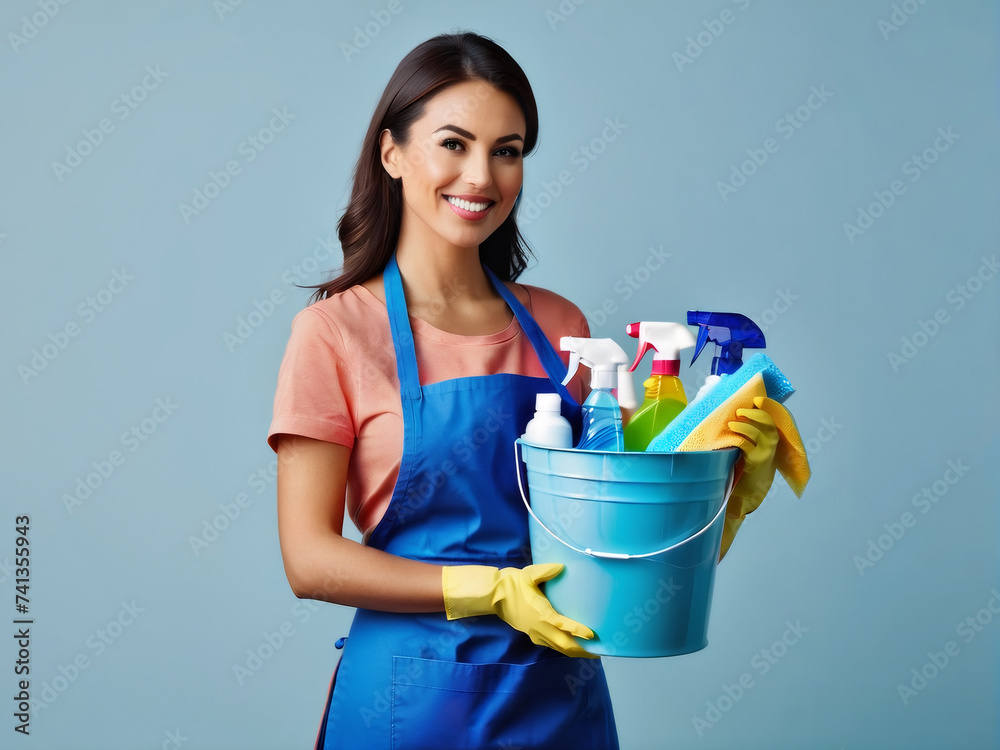 Woman in apron holding a bucket with cleaning supplies. Woman in apron holding a bucket with cleaning supplies.