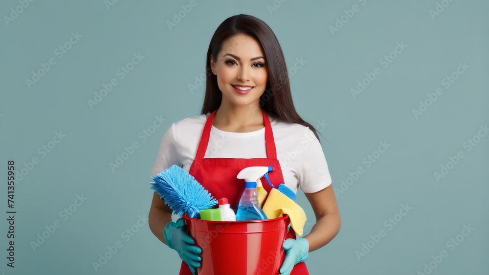 Woman in apron holding a bucket with cleaning supplies. Woman in apron holding a bucket with cleaning supplies.