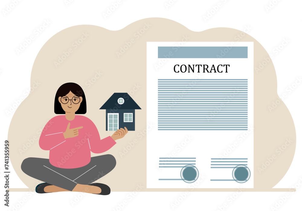 A woman on the boat holds a house nearby a big contract. Real estate transaction concept, purchase, sale, rent or rental house. A woman on the boat holds a house nearby a big contract. Real estate transaction concept, purchase, sale, rent or rental house.