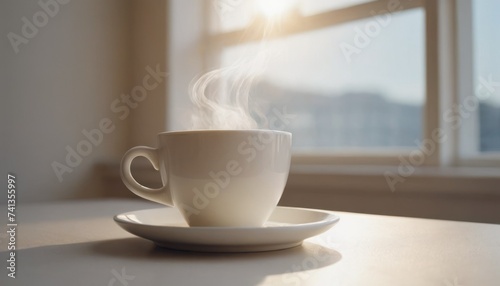 A hot cup of coffee on a saucer, set against a white background, casting a subtle shadow.