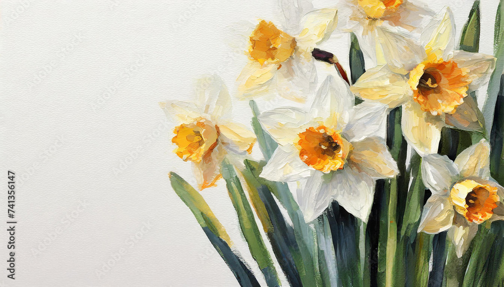 Oil painting of a Narcissus pure white background canvas, copyspace on a side