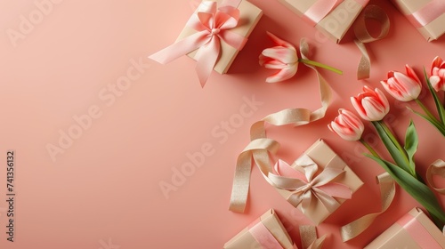 Decoration concept for Mother's Day. Top view photo of trendy gift boxes with ribbon bows and tulips on an isolated pastel pink background.