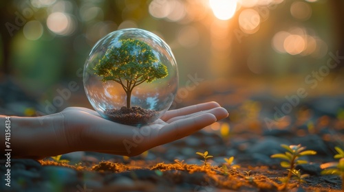 Keeping a glass globe ball in hand while a tree grows and green nature blurs behind it. Eco concept.