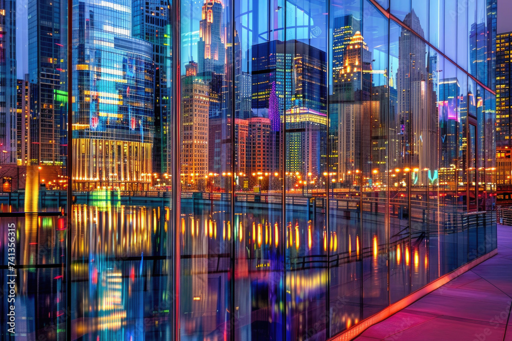 A city skyline mirrored in a glass building