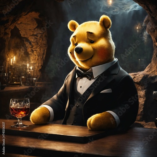 winnie the pooh in a tuxedo, serious look on his face, sitting at a table in a cavern smoking a cigar, a smokey glass of bourbon on the table, rugged, realistic photo