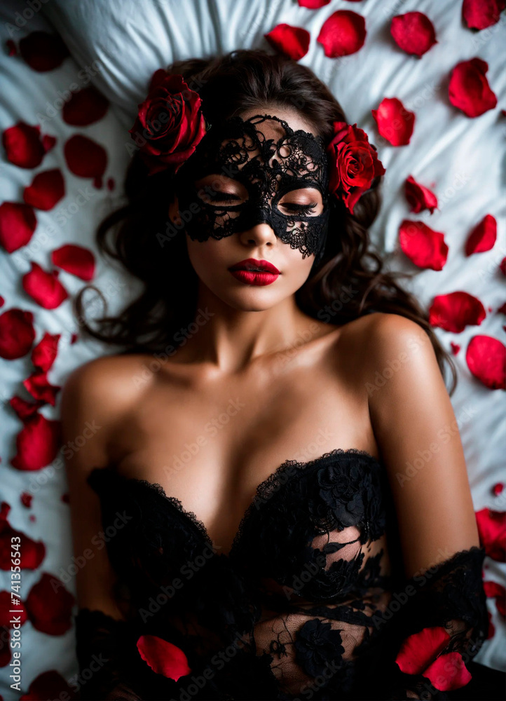 woman in bed wearing a lace mask. Selective focus. woman in bed wearing a lace mask. Selective focus.