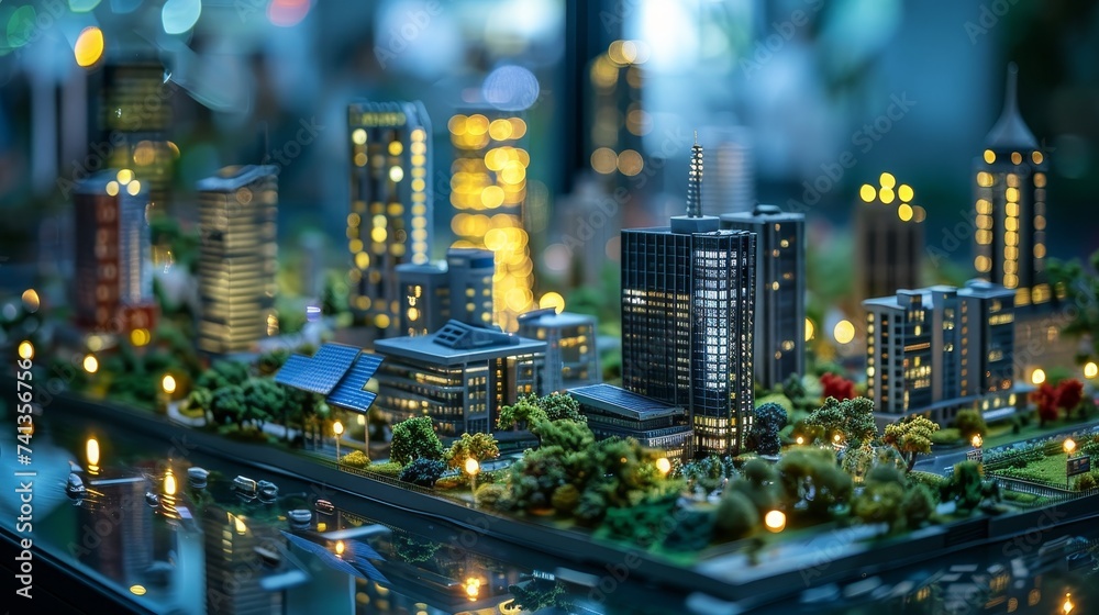 Eco-friendly city model in a science museum, featuring solar energy innovations and green technology Eco-friendly city model in a science museum, featuring solar energy innovations and green technology