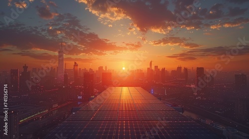 Drone shot of solar panels on a futuristic cityscape at sunset showcasing renewable energy integration
