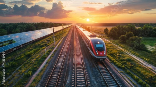 High-speed train powered by renewable energy, with solar panels along the track, representing sustainable transport