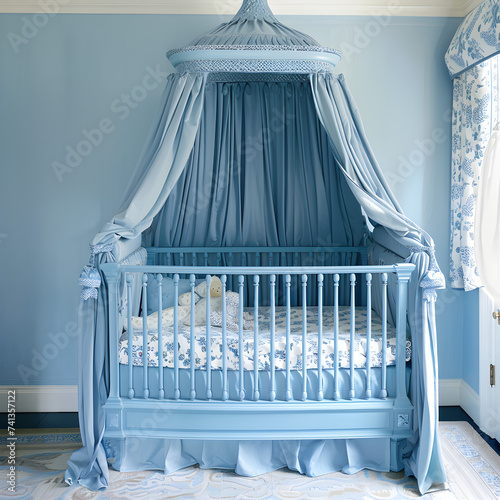 Blue baby room with a blue crib  © PixelHD